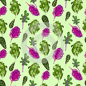 Kale vegetable hand drawn seamless pattern.