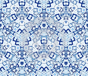 Kaleidoscope abstract seamless pattern, background. Composed of geometric shapes in blue.