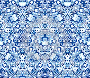 Kaleidoscope abstract seamless pattern, background. Composed of geometric shapes in blue.