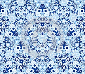 Kaleidoscope abstract seamless pattern, background. Composed of geometric shapes in blue.