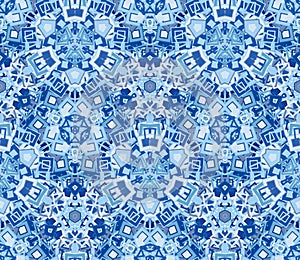 Kaleidoscope abstract seamless pattern, background. Composed of geometric shapes in blue.