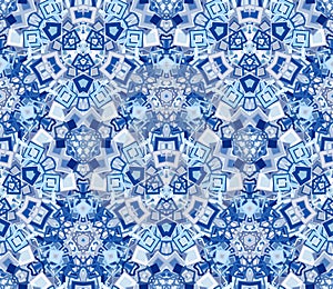 Kaleidoscope abstract seamless pattern, background. Composed of geometric shapes in blue.