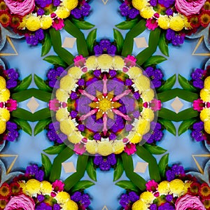 Kaleidoscope with bright, colorful flowers circular shape.