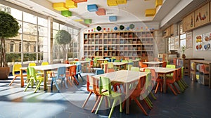 Kaleidoscope Classroom. Kindergarten Classroom With Tables, Multi Colored Chairs And Walled Garden. Generative AI