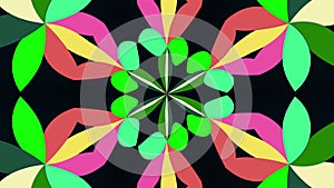 Kaleidoscope converts colors into a flower image, 3D rendering. Merging color spots into a single ornament, omputer