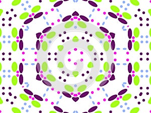 Kaleidoscope made of chains with purple, blue, pink and green round and oval shapes that form hexagrams on a white background