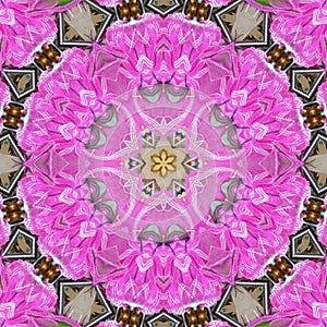 Kaleidoscope Mehndi style flower star with circles watercolor illustration pink floral fractal, tile effect