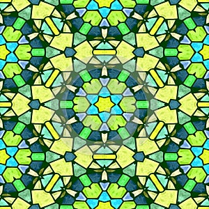 Kaleidoscope mosaic seamless pattern texture background in green, blue and yellow colors