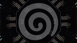 Kaleidoscope pattern of data and computer programming information on black background. Animation. Abstract informational