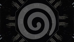 Kaleidoscope pattern of data and computer programming information on black background. Animation. Abstract informational