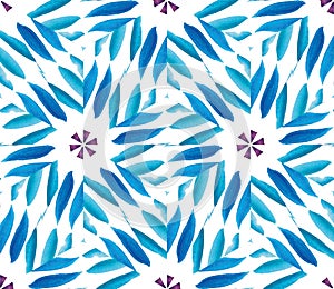 Kaleidoscope Shapes Abstract. Indigo Artistic Design. Watercolor Blocks Pattern. Blue Stain Tile. Decorative Psychedelic Geo.