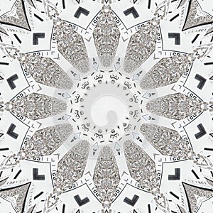 Kaleidoscope strass diamond pattern abstract background. White kaleidoscope clock pattern abstract fractal background. Abstract fr