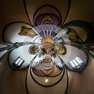 Kaleidoscope view of gothic church interior, little planet effec