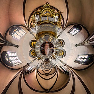 Kaleidoscope view of gothic church interior, little planet effec