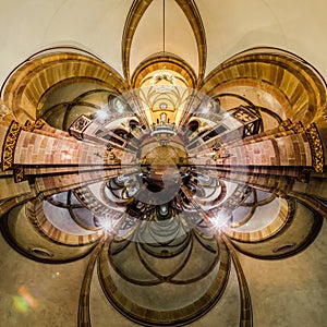 Kaleidoscope view of gothic church interior, little planet effec