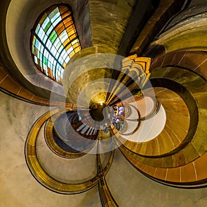 Kaleidoscope view of gothic church interior, little planet effec