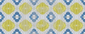 Kaleidoscope Watercolor. Indigo Yellow Bohemian Design. Watercolor Blocks Pattern. Blue Stain Tile.