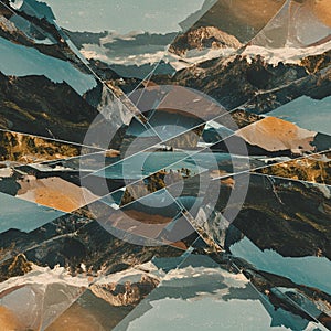 A kaleidoscopic digital collage featuring multiple angular fragments of mountainous photo