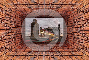 Kaleidoscopic gradient 3D view of old tunnel with brick wall