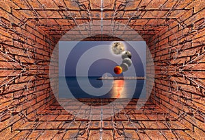 Kaleidoscopic gradient 3D view of old tunnel with brick wall