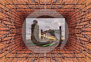 Kaleidoscopic gradient 3D view of old tunnel with brick wall and dry ivy entering into famous city river steel crossover entitled