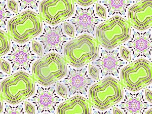 Kaleidoscopic, parallel texture of purple, blue, pink and green round and oval shapes forming abstract floral and green rows 