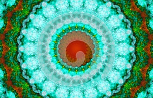 Kaleidoscopic pattern in green cyan and red tones. Geometric ornament . Mandala . Abstract background