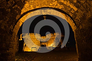 Kalemegdan fortress gates and towers at night in Belgrade