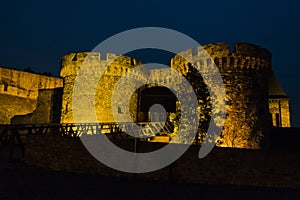 Kalemegdan fortress wooden bridge, gates and towers at twilight in Belgrade