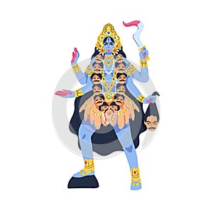 Kali, Indian goddess of Hinduism. Hindu female deity, divinity with sword and head in arms. Divine Bhadrakali mother of