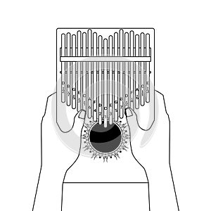 Kalimba a 17 key thumb Piano. Hands holding and play African musical instrument. Finger pocket portable piano. Vector cartoon