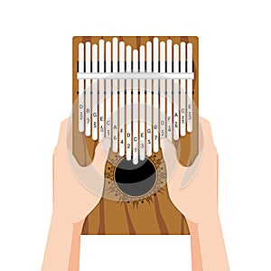 Kalimba a 17 key thumb Piano. Hands holding and play African musical instrument. Finger pocket portable piano. Vector cartoon flat