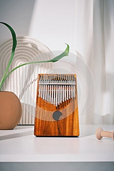 Kalimba 17 keys on stand and on decoration white table with green leave