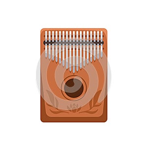 Kalimba, traditional music instrument from Africa. African folk wooden mbira with metal tines and hole. Colored flat