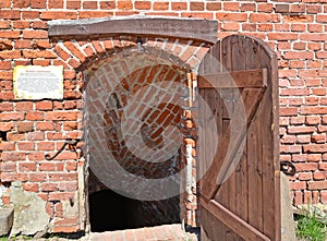 KALININGRAD REGION, RUSSIA. Entrance to the underground museum exposition  `Holy Inquisition.` Shaaken Castle, XIII century