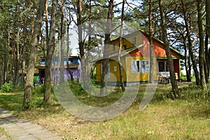 KALININGRAD REGION, RUSSIA. Summer lodges in the pine wood. Camp site of Dune