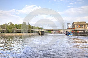 Kaliningrad. River Pregolya, Green Bridge and the ancient building of the exchange