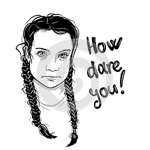 Greta Thunberg sketch portrait, illustration . The teenage environmental activist. Swedish