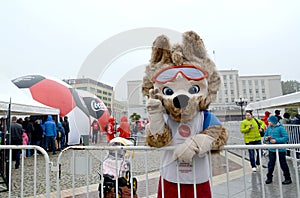 KALININGRAD, RUSSIA. The mascot of the FIFA World Cup of FIFA 2018 Zabivak`s wolf cub gives best regards