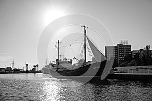 Large ship, in the Museum of the World ocean, standing on the dock on the river Pregolya