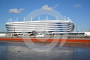 KALININGRAD, RUSSIA. A view of Baltic Arena stadium for holding games of the FIFA World Cup of 2018 on the river bank