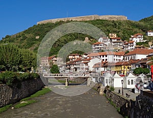The Kaljaja Fortress at the hilltop as seen from Lumbardhi River, Prizren, Kosovo