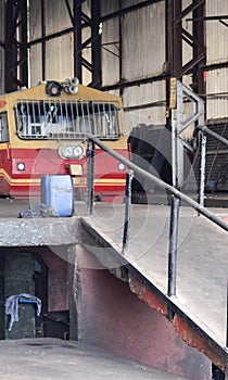 Kalka, Haryana, India May 14 2022 - Indian toy train diesel locomotive engine at Kalka railway station during the day time, Kalka