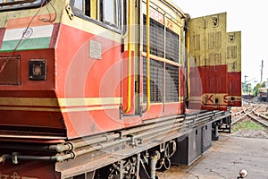 Kalka, Haryana, India May 14 2022 - Indian toy train diesel locomotive engine at Kalka railway station during the day time, Kalka