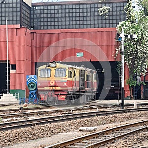 Kalka, Haryana, India May 14 2022 - Indian toy train diesel locomotive engine at Kalka railway station during the day time, Kalka