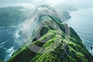 Kallur Lighthouse Amidst Misty Green Cliffs. Concept Kallur Lighthouse, Misty Green Cliffs,