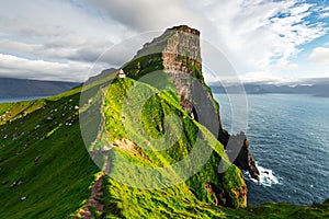 Kallur lighthouse on green hills of Kalsoy island