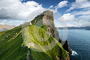 Kallur lighthouse on green hills of Kalsoy island