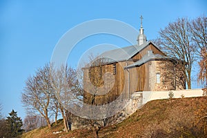 Kalozha church in Grodno Belarus. St Boris and Gleb or Kalozhskaya church early autumn morning under clear blue sky tele