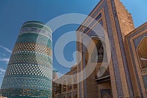 Kalta minaret left, muhammad amin khan madrasah right, Khiva, Uzbekistan